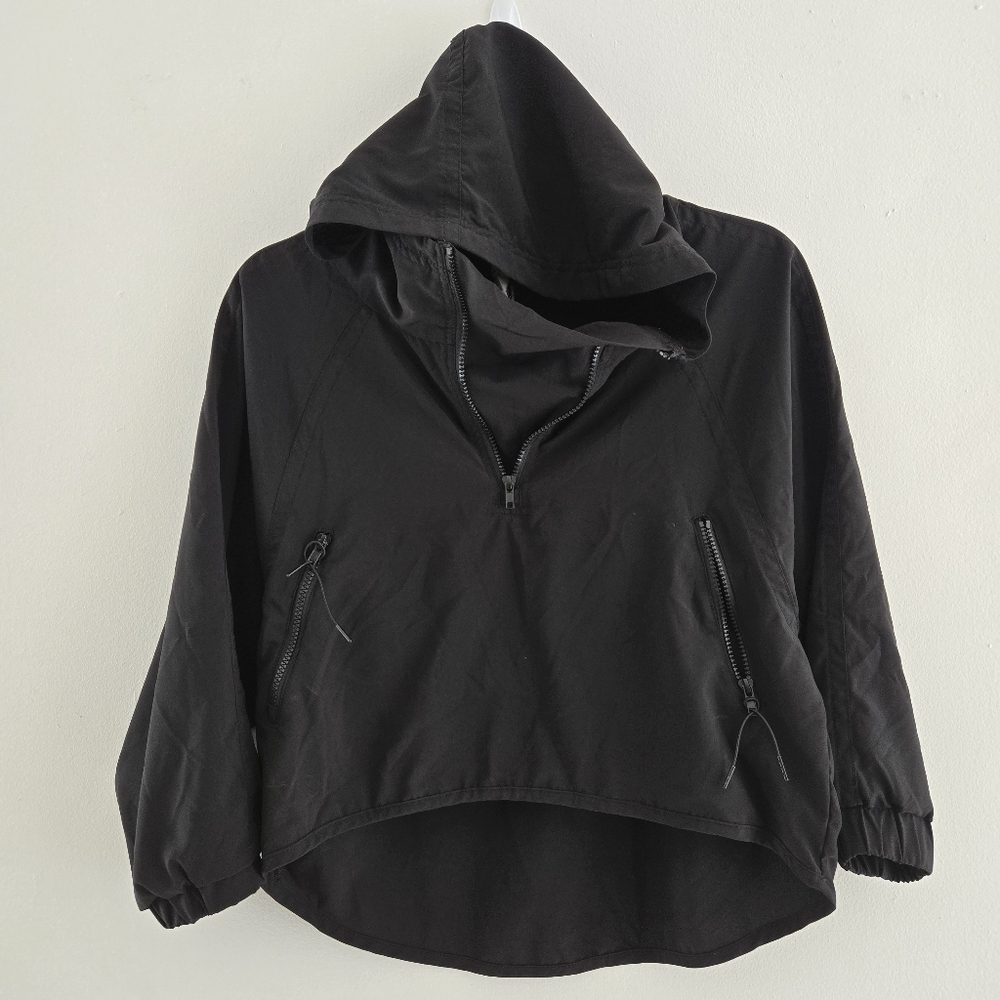 4 U Black Hooded Pullover Jacket SIZE MEDIUM long Sleeves Hood Zip Pockets